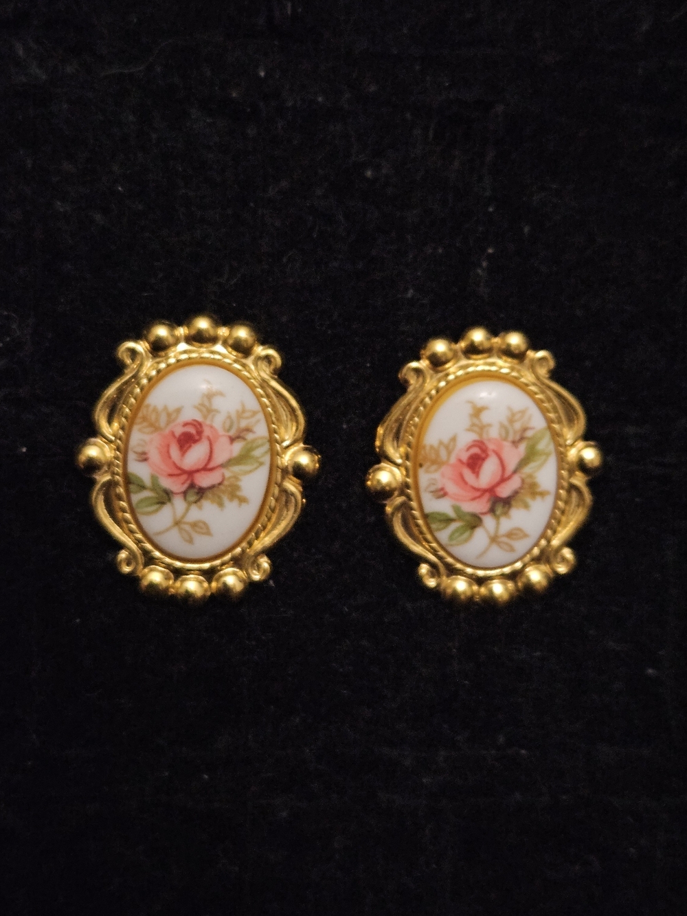 Gold-Tone Floral Oval Stud Earrings - Pink Rose